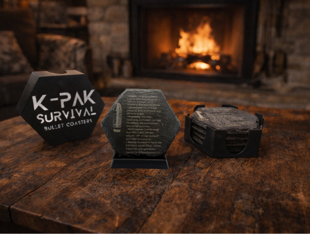 K-Pak Survival bullet coasters on a wooden surface with a fireplace in the background